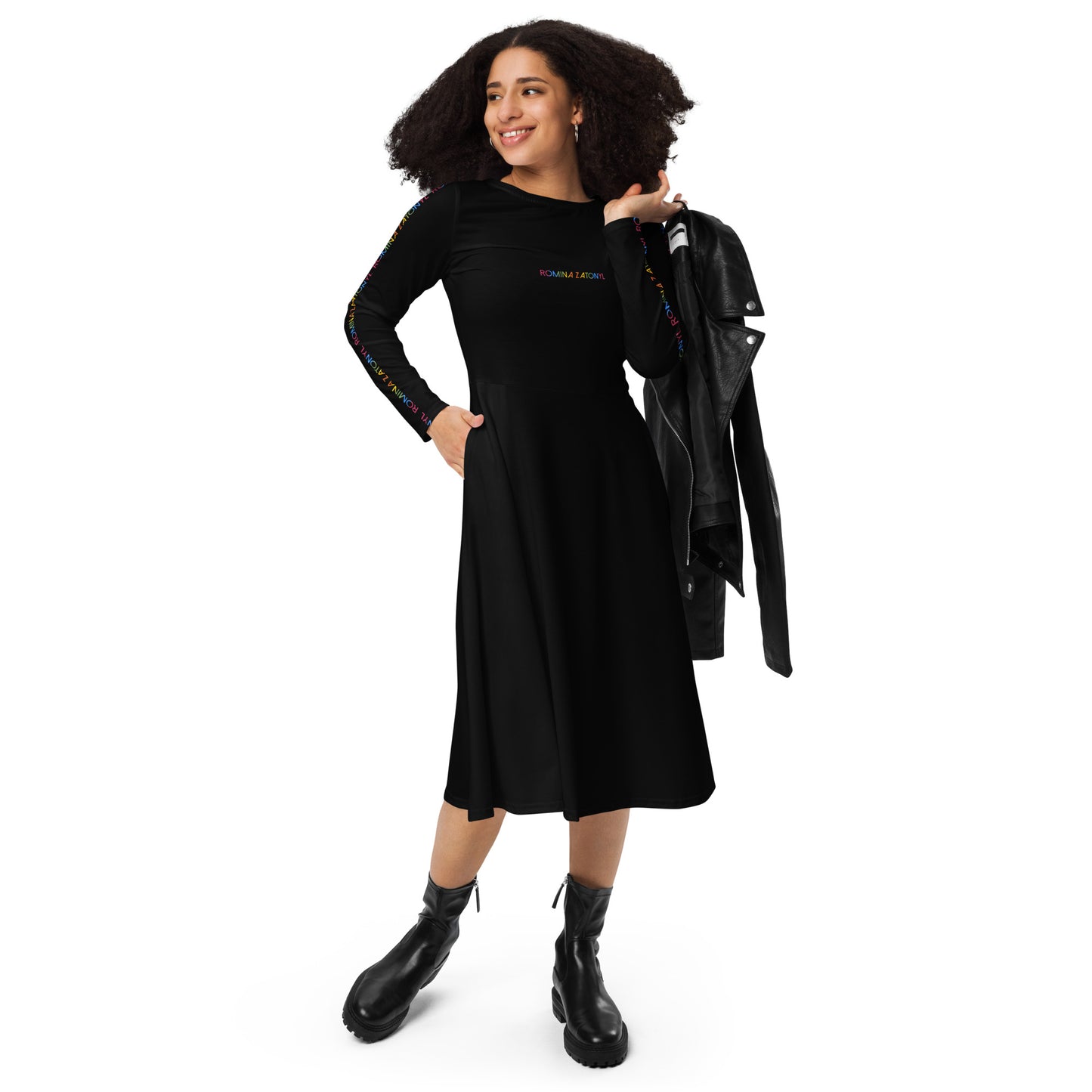 Vestido midi all over RZ, negro liso