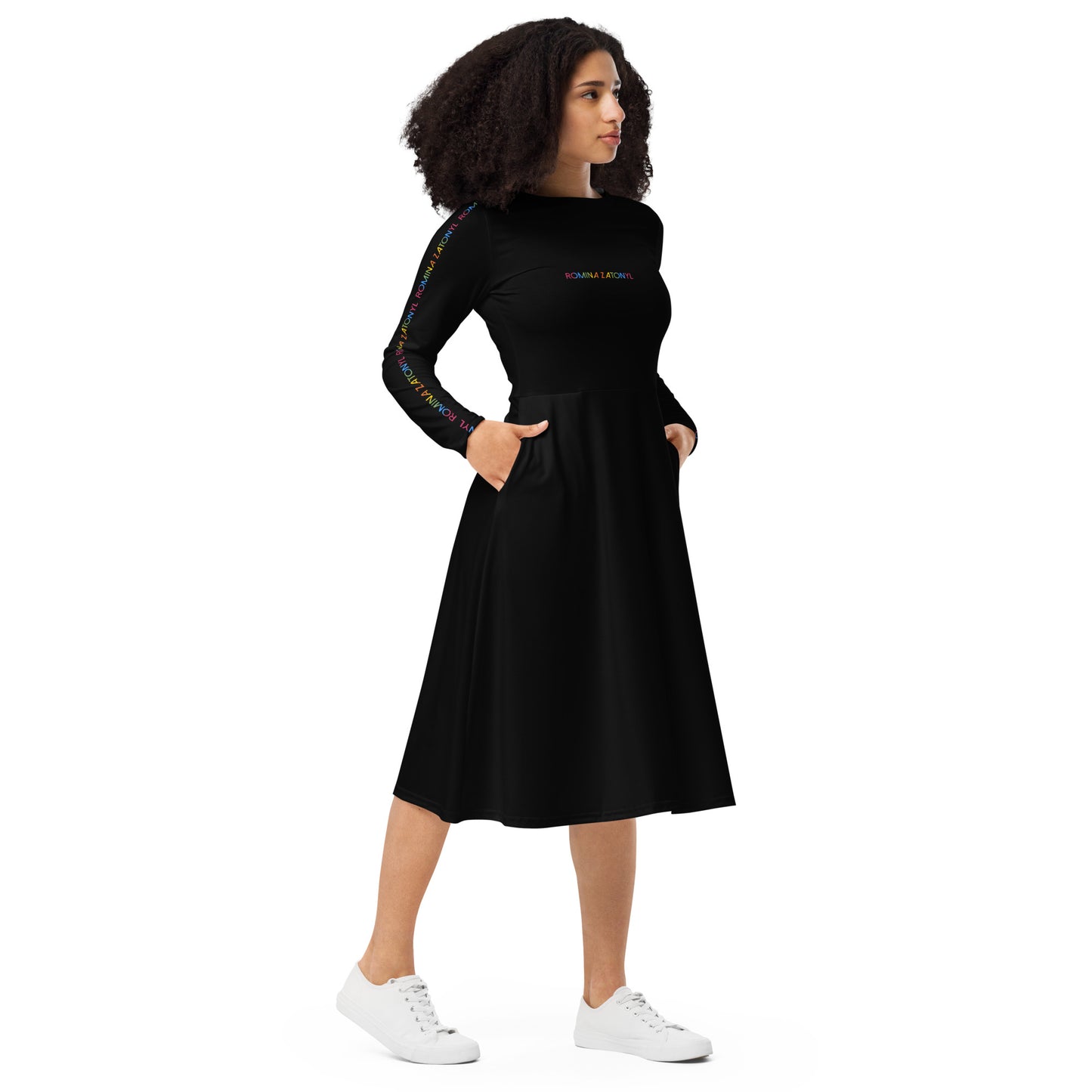 Vestido midi all over RZ, negro liso