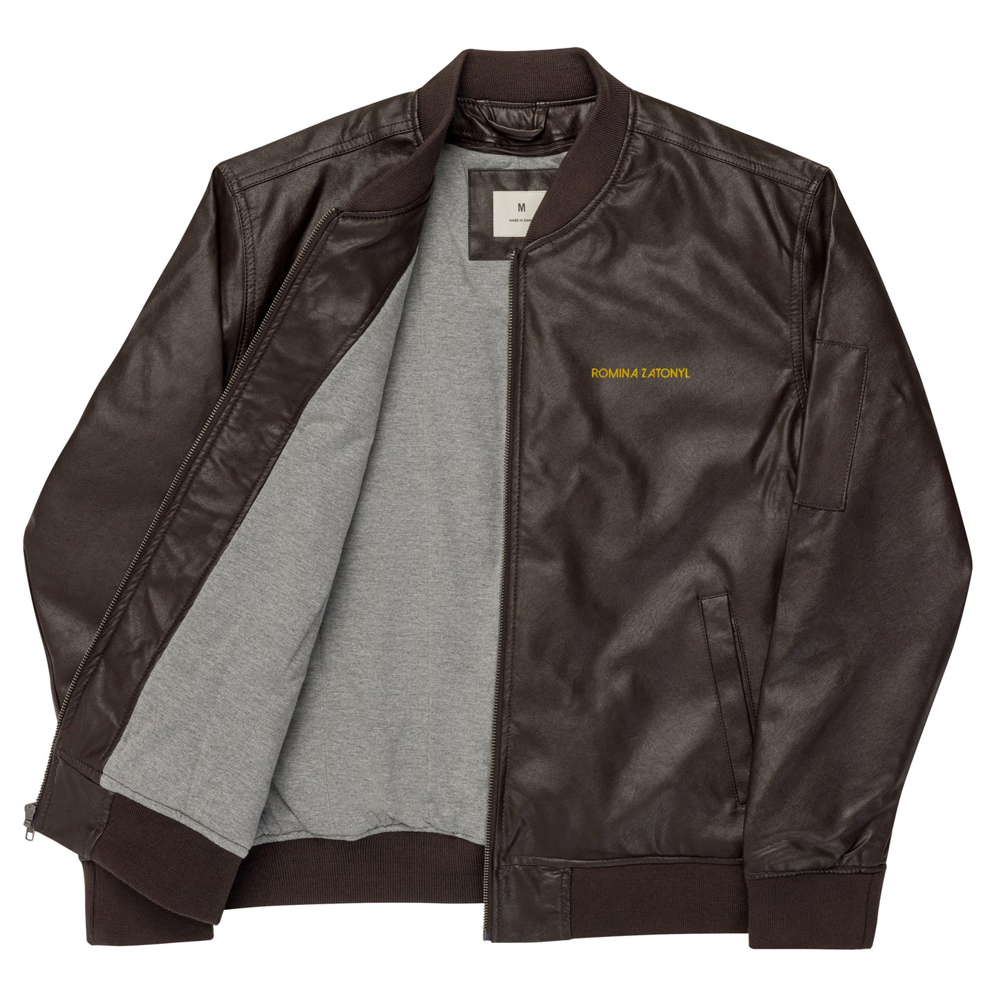 RZ embroidered vegan leather bomber jacket